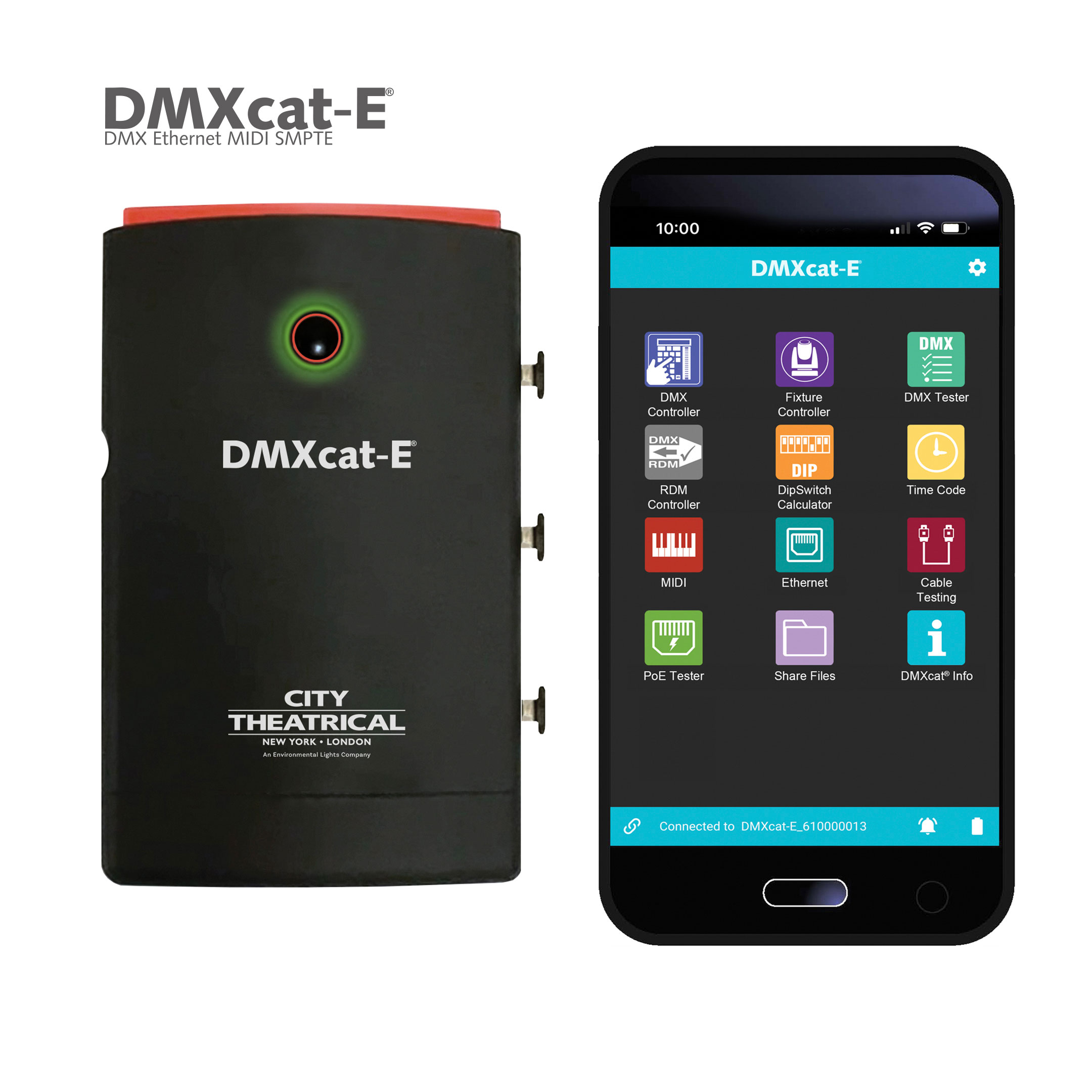 6100 DMXcat-E dongle and smartphone app with logo