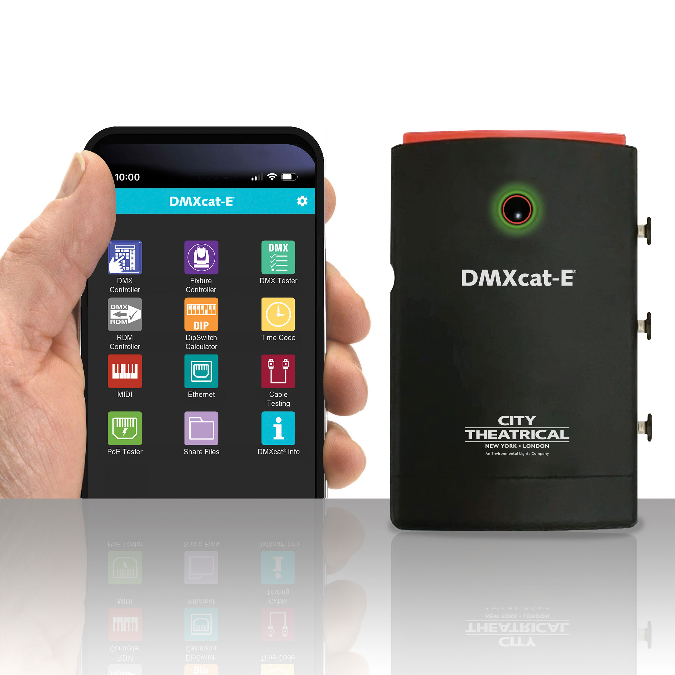 6100 DMXcat-E hardware and smartphone app, angle view