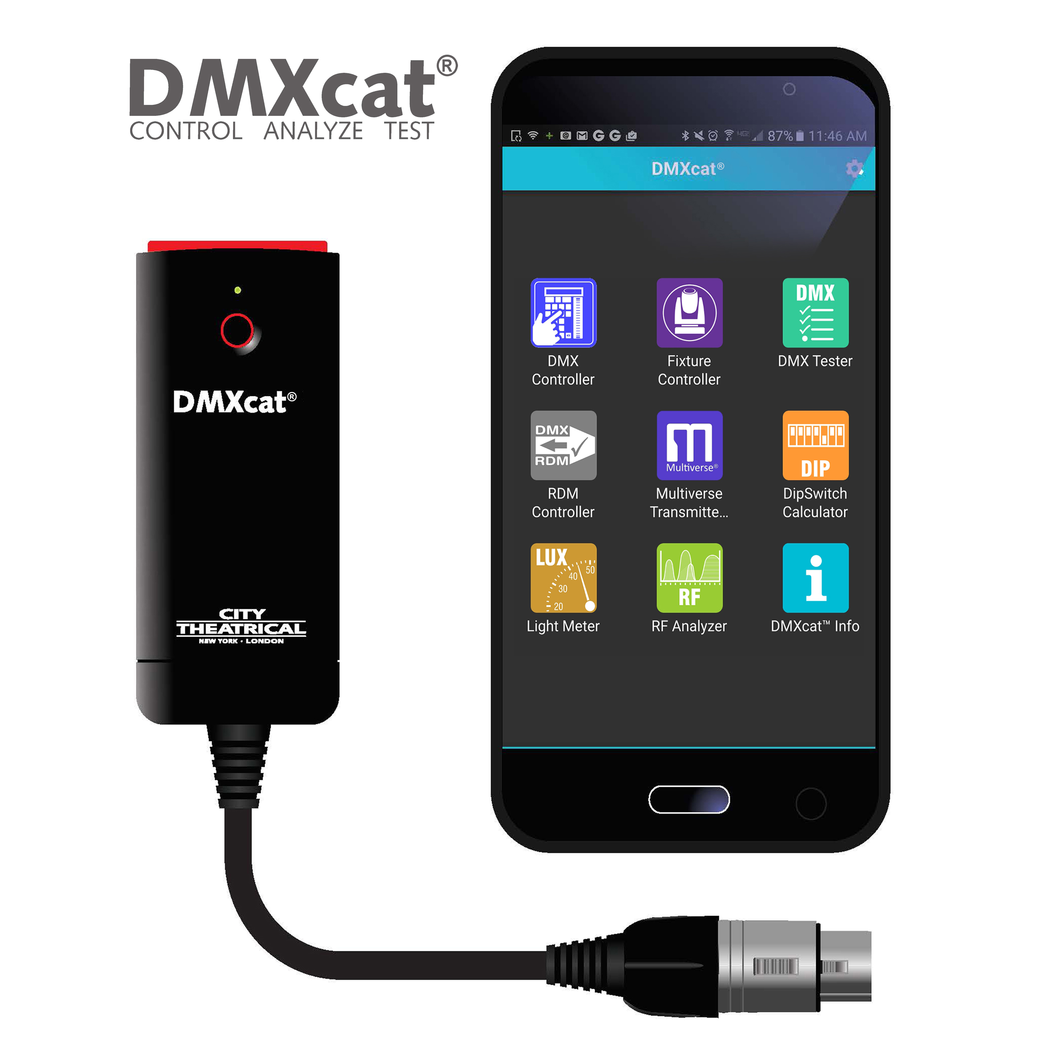 dmxcat multi function test tool with Multiverse Transmitter app