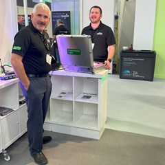 2024-09-01 City Theatrical's Ron Lorentzen and Matt Stearnes at PLASA London 2024 with Environmental Lights product case