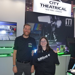 Harrison Hohnholt of City Theatrical and Ashley of Parlights Inc with DMXcat-E t-shirt